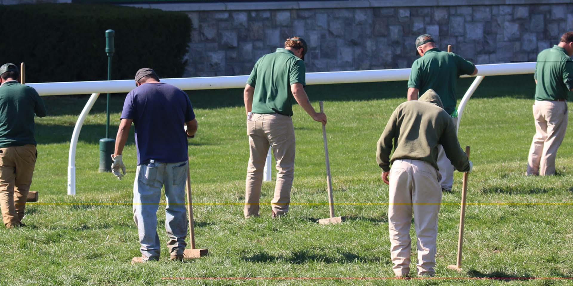An action shot of Speedywin team members tamping down turf divots.